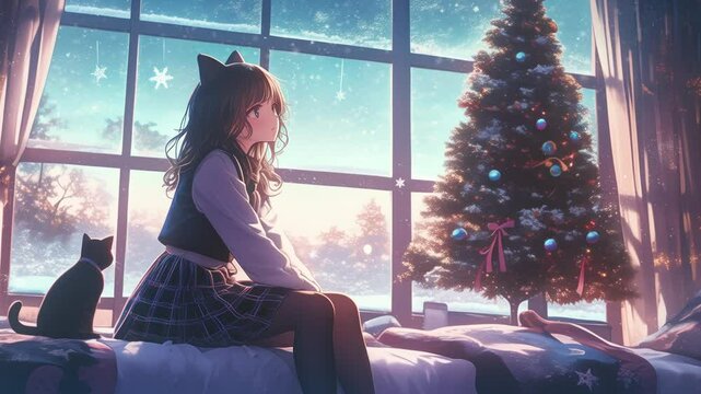 A girl in a school uniform with cat ears sits on the bed, looking out of large floor-to-ceiling windows at a Christmas tree and starry sky outside the window, in an anime lofi style, zoom video