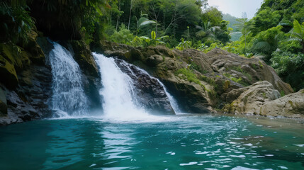 Naklejka premium serene waterfall cascades into tranquil pool surrounded by lush greenery, creating peaceful oasis in nature. vibrant colors and soothing sounds evoke sense of calm and relaxation