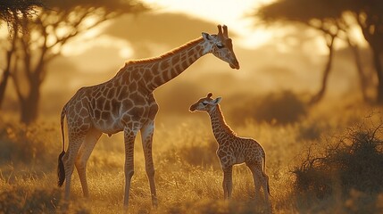 Obraz premium A mother giraffe and her calf stand in a golden savanna at sunset. The mother looks off to the side while the calf looks towards the camera.
