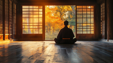 Buddhist monk practicing Zazen meditation in a quiet place