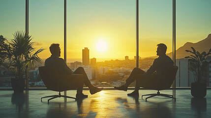 Dark or black silhouettes of people working or meeting in a fancy office with the warm evening sun shining in from big windows 
