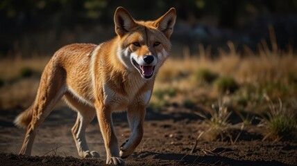 Fototapeta premium a wild dingo bathed in sunlight, its reddish-brown fur gleaming. The dingo's lean and muscular build suggests a life of hunting and survival.