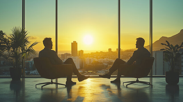 Dark or black silhouettes of people working or meeting in a fancy office with the warm evening sun shining in from big windows 