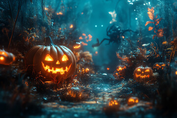 Fototapeta premium Capture a wide-angle view of a spooky Halloween scene set underwater, featuring glowing pumpkins and eerie sea creatures