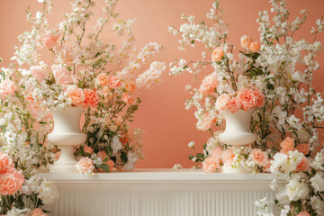 Beautiful floral arrangements in elegant vases against a pink background