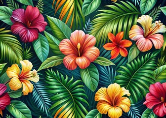 Tropical Pattern with Palm Leaves and Hibiscus Flowers for Vibrant Decor and Fashion