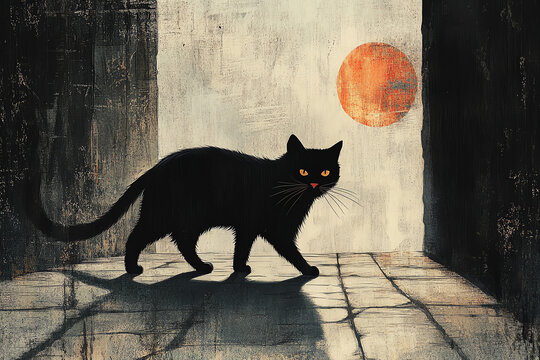Design a hauntingly beautiful black cat walking along a moonlit vintage street, invoking a sense of nostalgia and mystery for Halloween