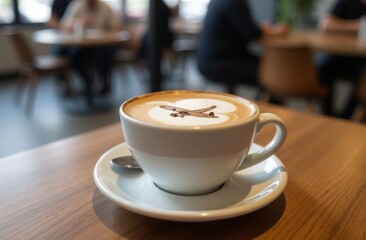 Airplane from cinnamon to coffee. A cup of coffee, dessert, boarding passes without a name. Travel concept. Cappuccino at the airport