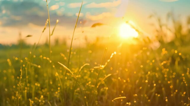 Dew drops on green grass illuminated by a setting sun, creating a vibrant and peaceful scene, Evening sun setting behind a sea of grass