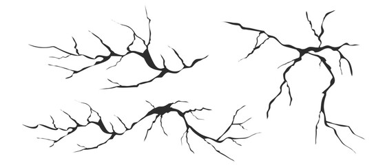 Obraz premium Cracked glass, wall, egg, fissures in ground top view. Set concrete, crevices from disaster, surface from earthquake, Ruined breaked land surface doodle, hand drawn