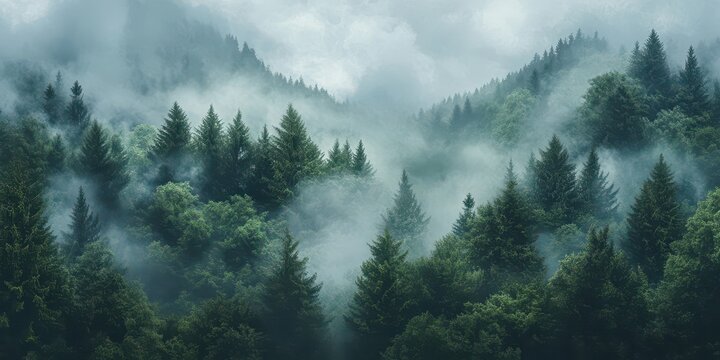 Fototapeta A misty morning in the mountains with fog covering the forest, pine trees, and snow-capped peaks under a cloudy sky