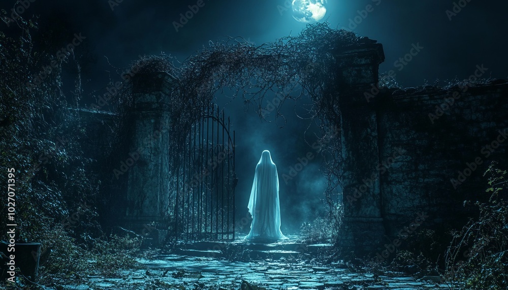 Canvas Prints A ghostly figure stands in front of a gate in a moonlit cemetery.