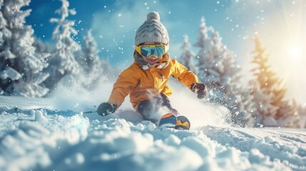 A young child is snowboarding down a snowy hill