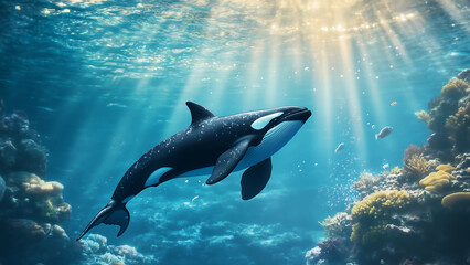 Obraz premium Killer whale swimming under the ocean with natural day light.