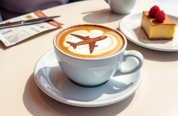Airplane from cinnamon to coffee. A cup of coffee, dessert, boarding passes without a name. Travel concept. Cappuccino at the airport