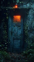 Fototapeta premium Old Weathered Door With Ivy and Lantern at Night