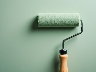 Obraz premium Minimalist green paint roller with wooden handle resting on a smooth green wall, representing interior design, painting tools, and home renovation