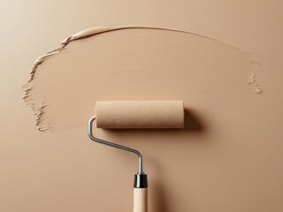 Obraz premium Paint roller applying smooth beige paint on a wall with a wooden handle, representing home improvement and interior renovation projects
