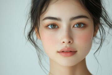 Fototapeta premium Close-up portrait of a young woman with beautiful eyes and soft makeup.