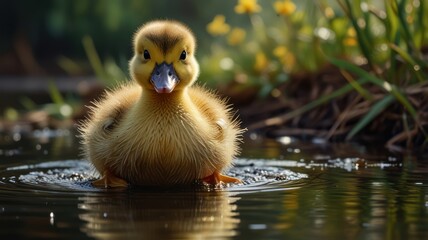 A fluffy duckling gleams in the sunlight with its yellow feathers. The duckling's dark eyes are wide, and it is curious as it explores its surroundings.
