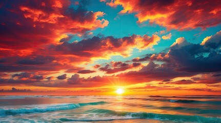 Fototapeta premium A serene sunset over a calm body of water, featuring vibrant hues of orange,