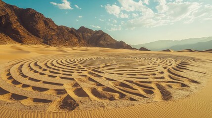 A desert with large circular patterns etched into the sand, their geometric precision standing out against the natural ripples of the dunes