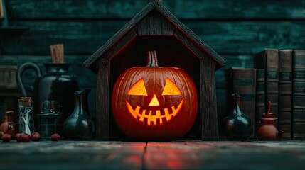 A glowing jack-o'-lantern sits on a wooden table, surrounded by rustic decor, evoking a cozy Halloween atmosphere.