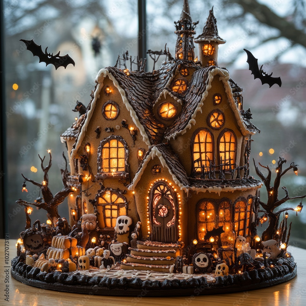 Wall mural A gingerbread house decorated for Halloween with lights, bats, and spooky details.