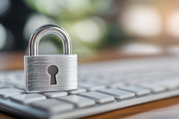 Silver padlock on white keyboard symbolizing data protection in modern office
