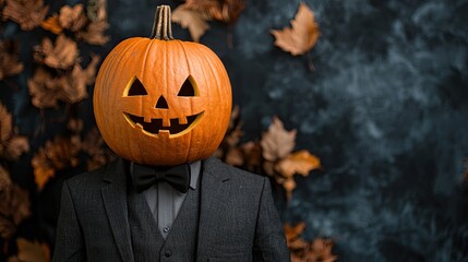 Naklejka premium A stylish figure in a suit with a carved pumpkin for a head, surrounded by autumn leaves, capturing a whimsical Halloween vibe.
