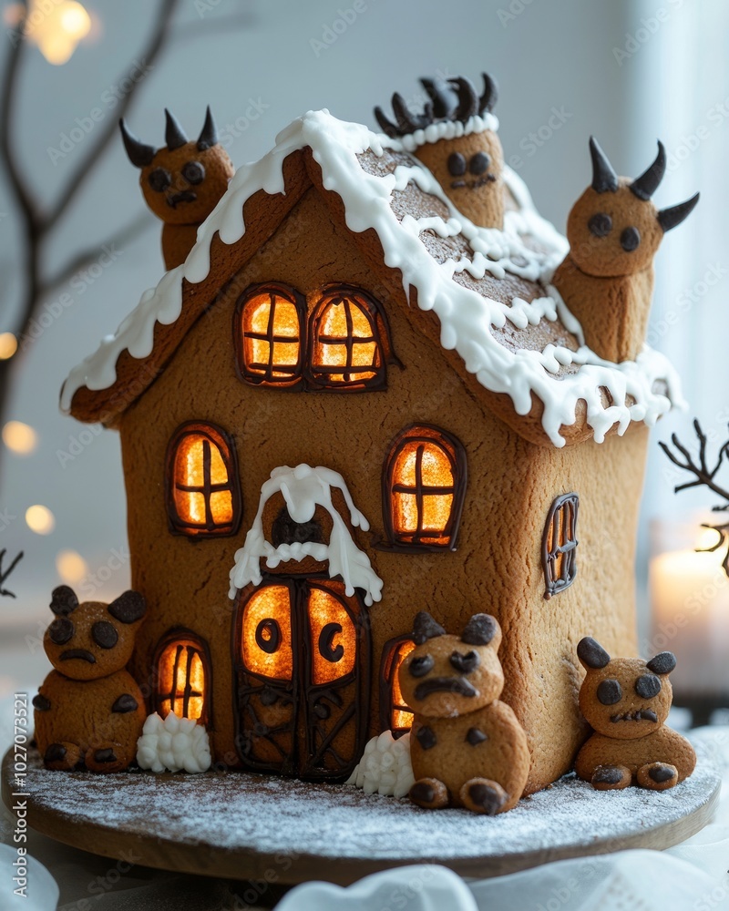 Poster A gingerbread house decorated with spooky faces, lit from within with warm light.