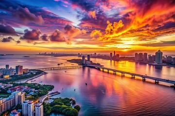 Fototapeta premium Urban Exploration Sunset Over Ocean: Captivating City Views and Serene Waters