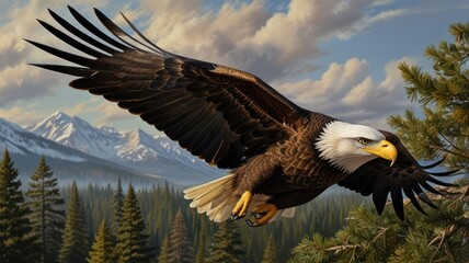 Fototapeta premium A powerful eagle, its sharp eyes scanning the landscape below, soars through the sky.