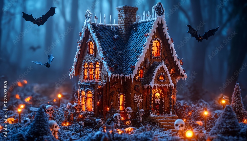 Poster A gingerbread house with glowing windows and bats flying overhead sits amidst a spooky forest setting with skeletons, pumpkins, and lanterns.