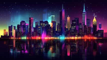 Vibrant City Skyline at Night with Colorful Lights