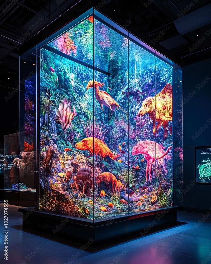 Canvas Prints A glass display case with a colorful underwater scene.