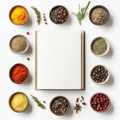 blank recipe book page with some herbs and spices on white background, template concept with text space