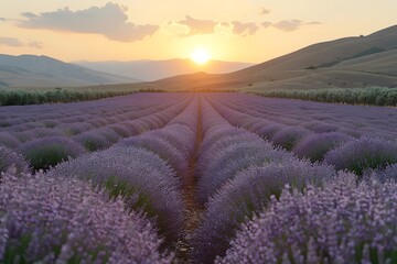 Obraz premium Lavender Fields in Bloom at Sunset with Rolling Hills Landscape