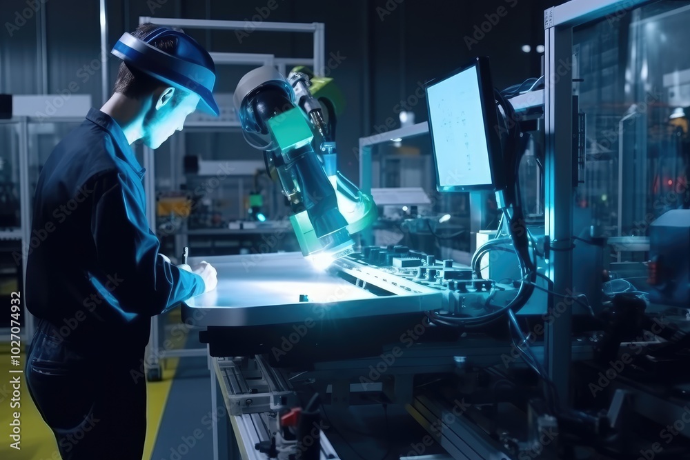 Wall mural factory worker operating industrial robot