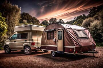 Van Towing Trailer Tent Vector Illustration - Side View Car Design for Camping Adventures