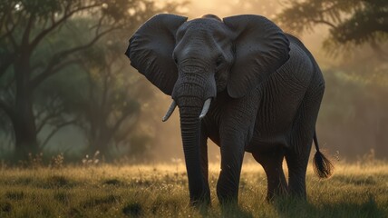 Obraz premium An African elephant stands tall, its tusks curving upwards in the golden light.
