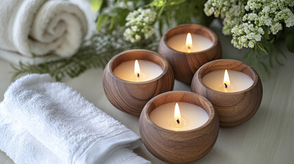 Relaxing spa setup with wooden candle holders and soft towels