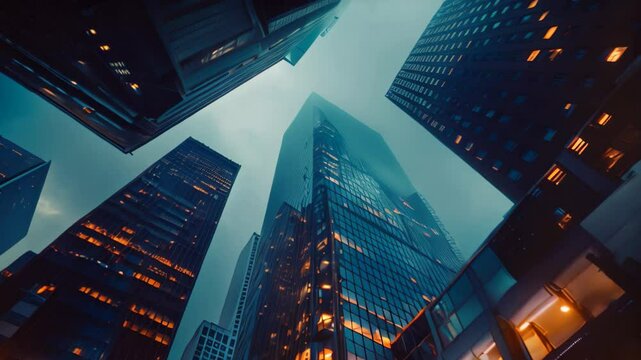 An upward view of skyscrapers reflecting the city lights and the integration of finance and technology, Exploring the intersection of finance and technology