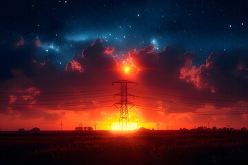 Dramatic Sunset with Silhouette of Transmission Tower and Wind Turbines Under Starry Sky