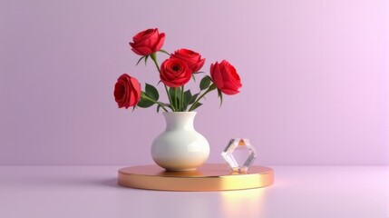Porcelain Vase With Bright Red Roses on a Soft Lavender Background.