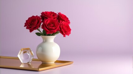 Fototapeta premium Porcelain Vase With Bright Red Roses on a Soft Lavender Background.