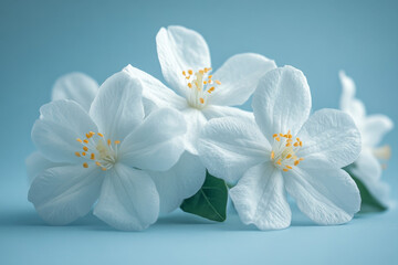 Elegant white jasmine flowers against a soft blue background in high resolution