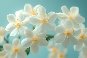 Delicate white jasmine flowers bloom against a soft blue background