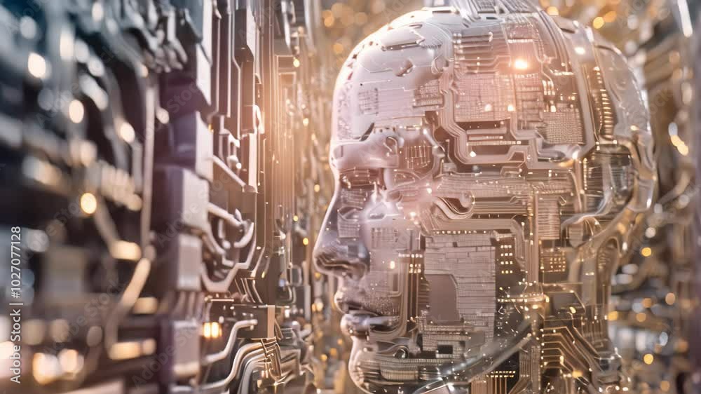 Poster digital human head with complex circuitry, showcasing algorithms impact on ai progress, expressing t