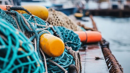 Close-Up of Various Fishing Gear on a Dock